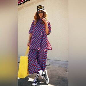 NWT - Dressed In Lala Ribbed Checked Playsuit Blue And Red